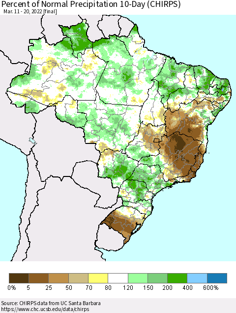 Brazil Percent of Normal Precipitation 10-Day (CHIRPS) Thematic Map For 3/11/2022 - 3/20/2022