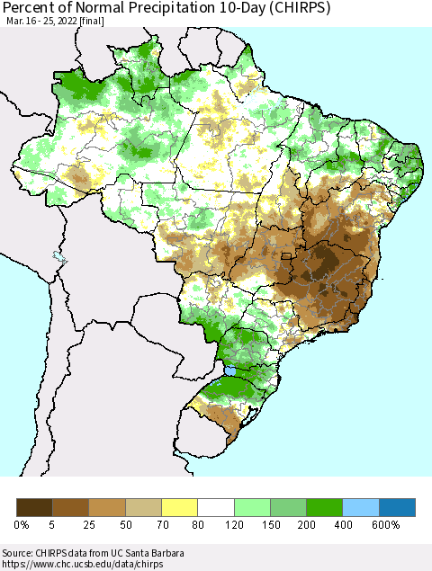 Brazil Percent of Normal Precipitation 10-Day (CHIRPS) Thematic Map For 3/16/2022 - 3/25/2022