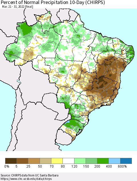 Brazil Percent of Normal Precipitation 10-Day (CHIRPS) Thematic Map For 3/21/2022 - 3/31/2022