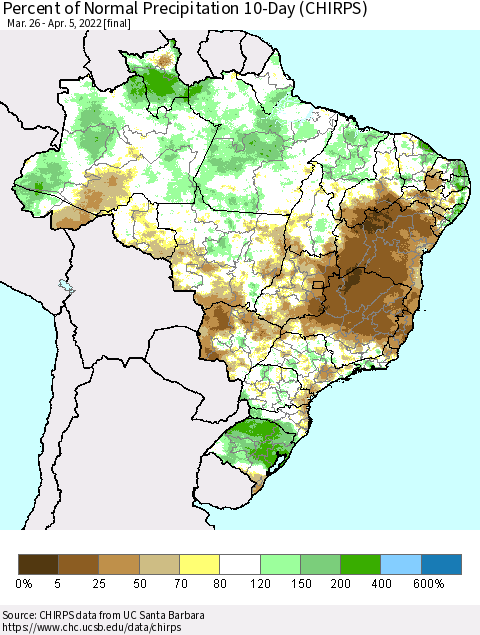 Brazil Percent of Normal Precipitation 10-Day (CHIRPS) Thematic Map For 3/26/2022 - 4/5/2022