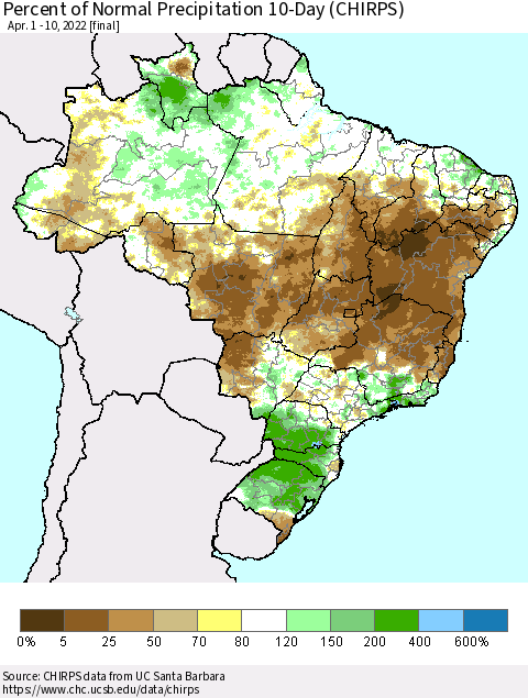 Brazil Percent of Normal Precipitation 10-Day (CHIRPS) Thematic Map For 4/1/2022 - 4/10/2022