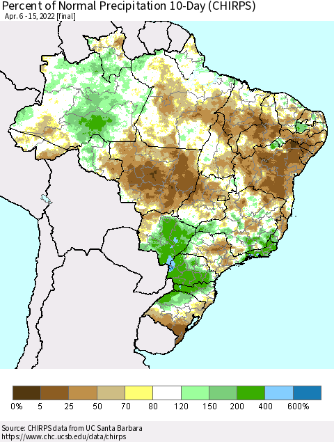 Brazil Percent of Normal Precipitation 10-Day (CHIRPS) Thematic Map For 4/6/2022 - 4/15/2022