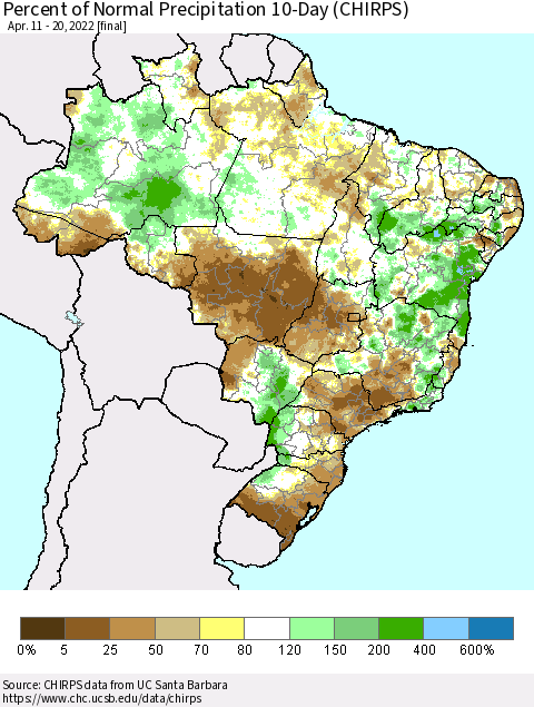 Brazil Percent of Normal Precipitation 10-Day (CHIRPS) Thematic Map For 4/11/2022 - 4/20/2022
