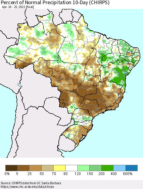 Brazil Percent of Normal Precipitation 10-Day (CHIRPS) Thematic Map For 4/16/2022 - 4/25/2022