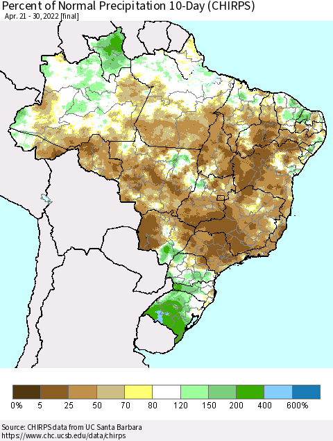 Brazil Percent of Normal Precipitation 10-Day (CHIRPS) Thematic Map For 4/21/2022 - 4/30/2022