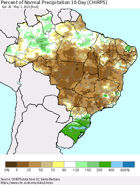 Brazil Percent of Normal Precipitation 10-Day (CHIRPS) Thematic Map For 4/26/2022 - 5/5/2022