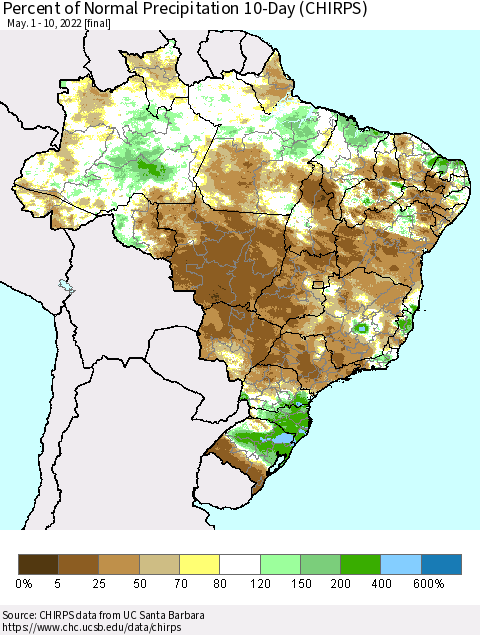 Brazil Percent of Normal Precipitation 10-Day (CHIRPS) Thematic Map For 5/1/2022 - 5/10/2022