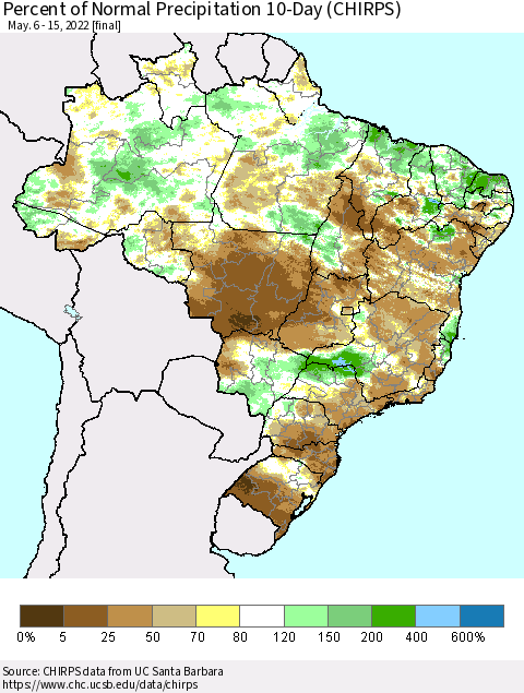 Brazil Percent of Normal Precipitation 10-Day (CHIRPS) Thematic Map For 5/6/2022 - 5/15/2022