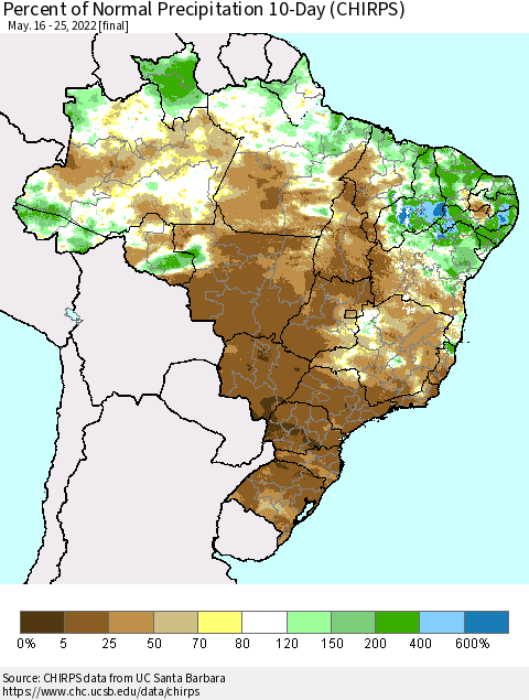 Brazil Percent of Normal Precipitation 10-Day (CHIRPS) Thematic Map For 5/16/2022 - 5/25/2022