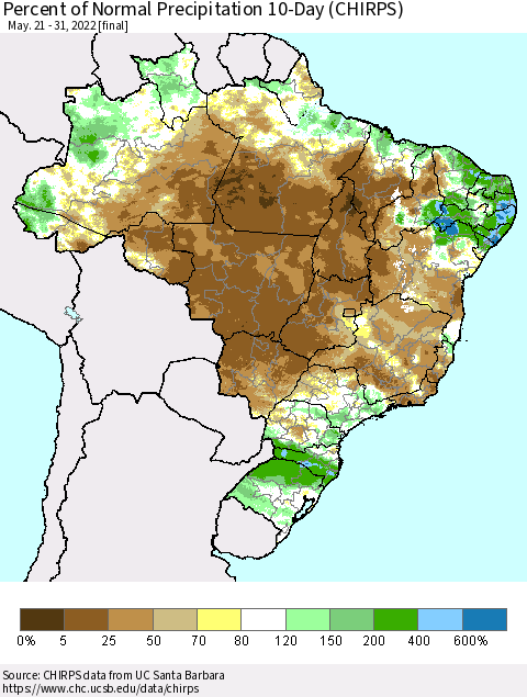 Brazil Percent of Normal Precipitation 10-Day (CHIRPS) Thematic Map For 5/21/2022 - 5/31/2022
