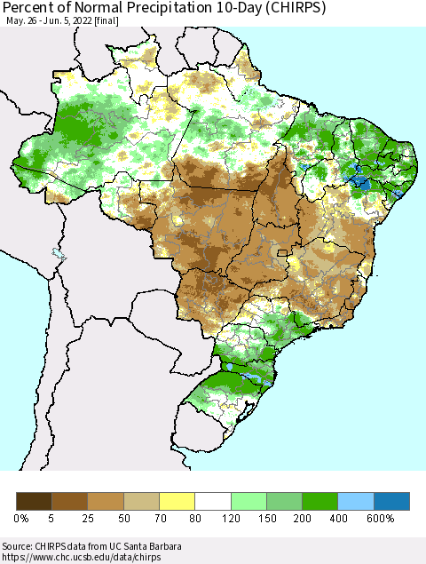 Brazil Percent of Normal Precipitation 10-Day (CHIRPS) Thematic Map For 5/26/2022 - 6/5/2022