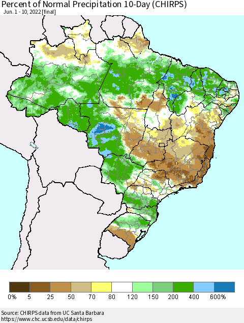 Brazil Percent of Normal Precipitation 10-Day (CHIRPS) Thematic Map For 6/1/2022 - 6/10/2022