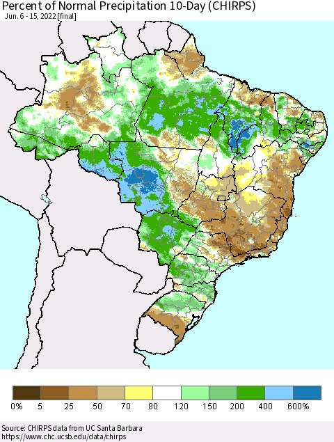 Brazil Percent of Normal Precipitation 10-Day (CHIRPS) Thematic Map For 6/6/2022 - 6/15/2022