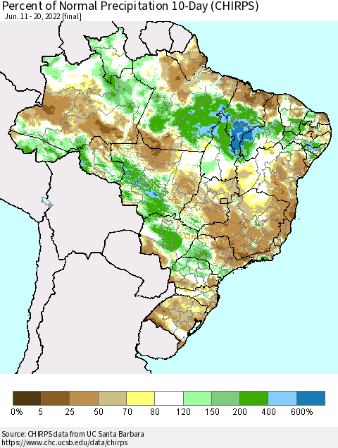Brazil Percent of Normal Precipitation 10-Day (CHIRPS) Thematic Map For 6/11/2022 - 6/20/2022