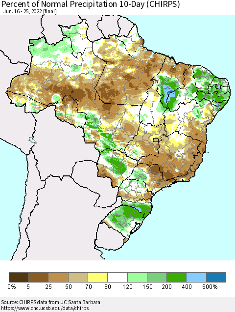 Brazil Percent of Normal Precipitation 10-Day (CHIRPS) Thematic Map For 6/16/2022 - 6/25/2022