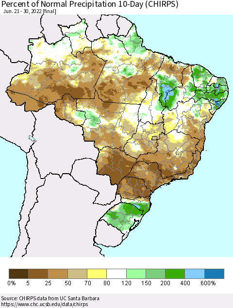 Brazil Percent of Normal Precipitation 10-Day (CHIRPS) Thematic Map For 6/21/2022 - 6/30/2022