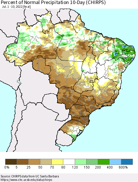 Brazil Percent of Normal Precipitation 10-Day (CHIRPS) Thematic Map For 7/1/2022 - 7/10/2022