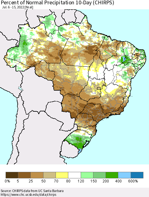 Brazil Percent of Normal Precipitation 10-Day (CHIRPS) Thematic Map For 7/6/2022 - 7/15/2022