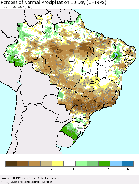 Brazil Percent of Normal Precipitation 10-Day (CHIRPS) Thematic Map For 7/11/2022 - 7/20/2022