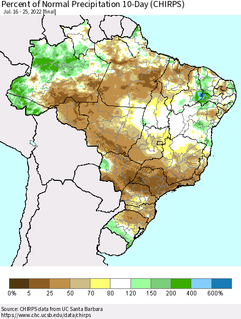 Brazil Percent of Normal Precipitation 10-Day (CHIRPS) Thematic Map For 7/16/2022 - 7/25/2022