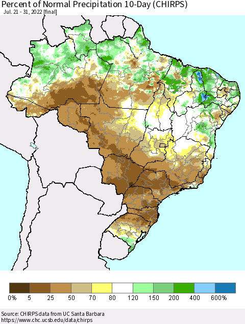 Brazil Percent of Normal Precipitation 10-Day (CHIRPS) Thematic Map For 7/21/2022 - 7/31/2022