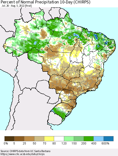 Brazil Percent of Normal Precipitation 10-Day (CHIRPS) Thematic Map For 7/26/2022 - 8/5/2022