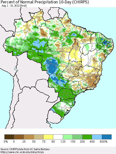 Brazil Percent of Normal Precipitation 10-Day (CHIRPS) Thematic Map For 8/1/2022 - 8/10/2022