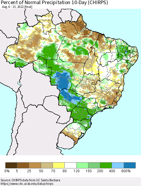 Brazil Percent of Normal Precipitation 10-Day (CHIRPS) Thematic Map For 8/6/2022 - 8/15/2022