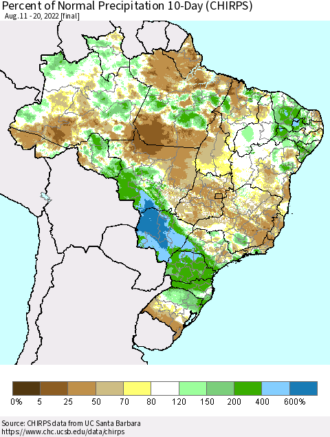 Brazil Percent of Normal Precipitation 10-Day (CHIRPS) Thematic Map For 8/11/2022 - 8/20/2022