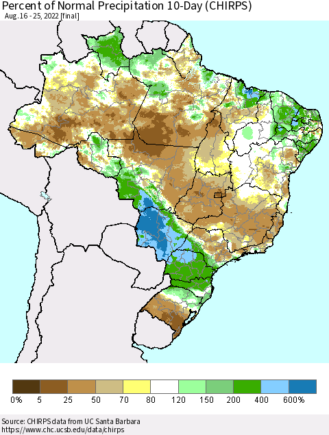 Brazil Percent of Normal Precipitation 10-Day (CHIRPS) Thematic Map For 8/16/2022 - 8/25/2022