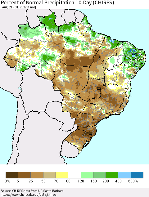 Brazil Percent of Normal Precipitation 10-Day (CHIRPS) Thematic Map For 8/21/2022 - 8/31/2022