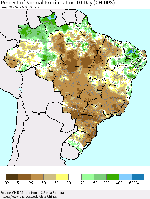 Brazil Percent of Normal Precipitation 10-Day (CHIRPS) Thematic Map For 8/26/2022 - 9/5/2022