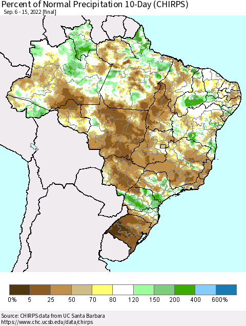 Brazil Percent of Normal Precipitation 10-Day (CHIRPS) Thematic Map For 9/6/2022 - 9/15/2022
