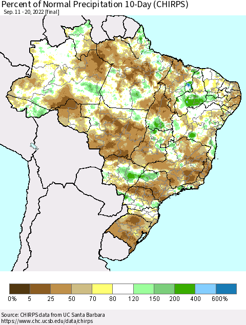 Brazil Percent of Normal Precipitation 10-Day (CHIRPS) Thematic Map For 9/11/2022 - 9/20/2022