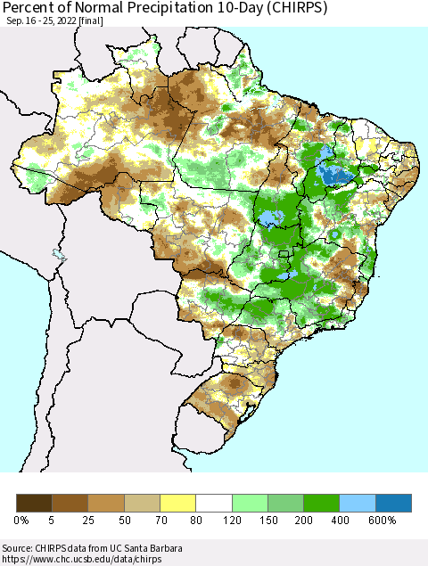 Brazil Percent of Normal Precipitation 10-Day (CHIRPS) Thematic Map For 9/16/2022 - 9/25/2022