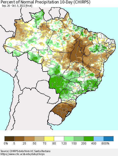 Brazil Percent of Normal Precipitation 10-Day (CHIRPS) Thematic Map For 9/26/2022 - 10/5/2022