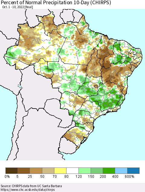 Brazil Percent of Normal Precipitation 10-Day (CHIRPS) Thematic Map For 10/1/2022 - 10/10/2022