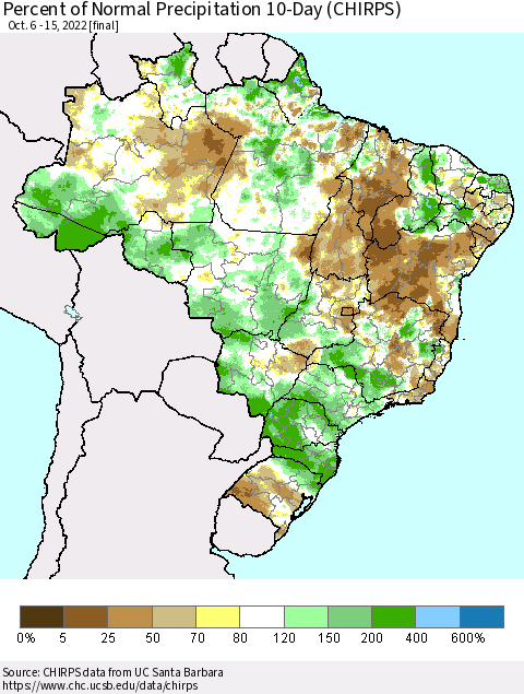 Brazil Percent of Normal Precipitation 10-Day (CHIRPS) Thematic Map For 10/6/2022 - 10/15/2022