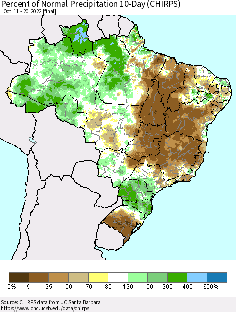 Brazil Percent of Normal Precipitation 10-Day (CHIRPS) Thematic Map For 10/11/2022 - 10/20/2022