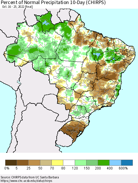 Brazil Percent of Normal Precipitation 10-Day (CHIRPS) Thematic Map For 10/16/2022 - 10/25/2022