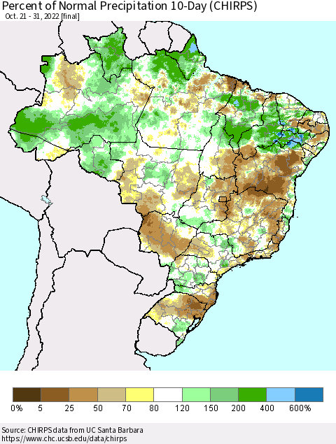 Brazil Percent of Normal Precipitation 10-Day (CHIRPS) Thematic Map For 10/21/2022 - 10/31/2022