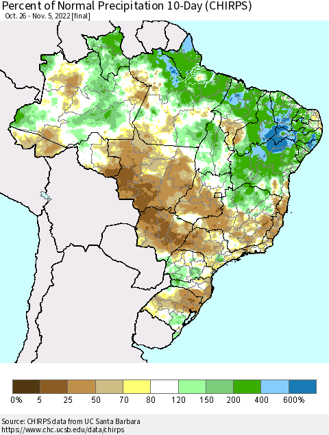Brazil Percent of Normal Precipitation 10-Day (CHIRPS) Thematic Map For 10/26/2022 - 11/5/2022