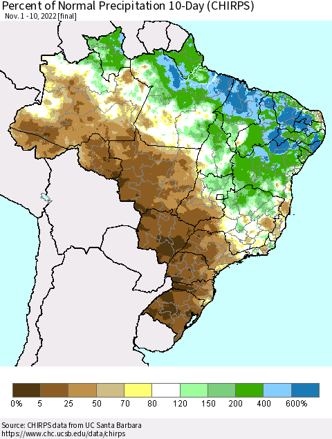 Brazil Percent of Normal Precipitation 10-Day (CHIRPS) Thematic Map For 11/1/2022 - 11/10/2022