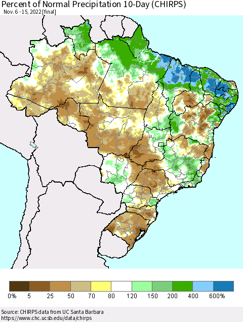 Brazil Percent of Normal Precipitation 10-Day (CHIRPS) Thematic Map For 11/6/2022 - 11/15/2022