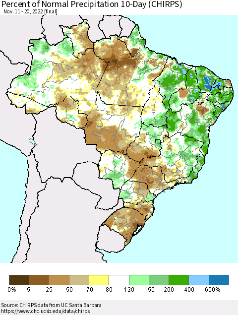 Brazil Percent of Normal Precipitation 10-Day (CHIRPS) Thematic Map For 11/11/2022 - 11/20/2022