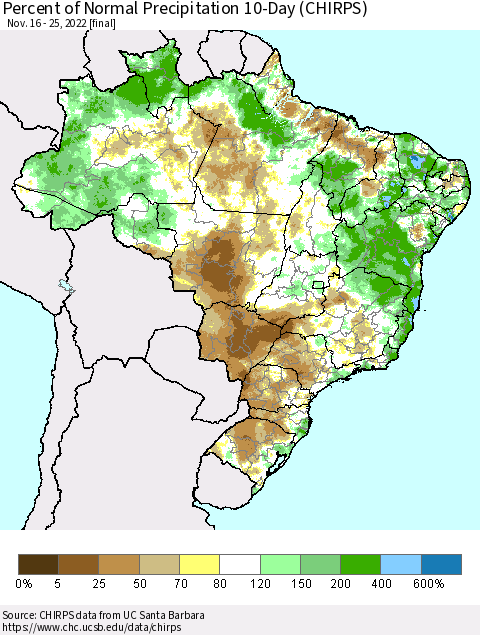 Brazil Percent of Normal Precipitation 10-Day (CHIRPS) Thematic Map For 11/16/2022 - 11/25/2022