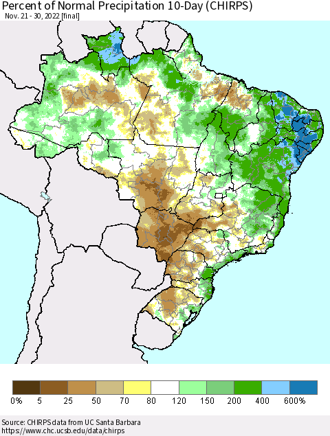 Brazil Percent of Normal Precipitation 10-Day (CHIRPS) Thematic Map For 11/21/2022 - 11/30/2022
