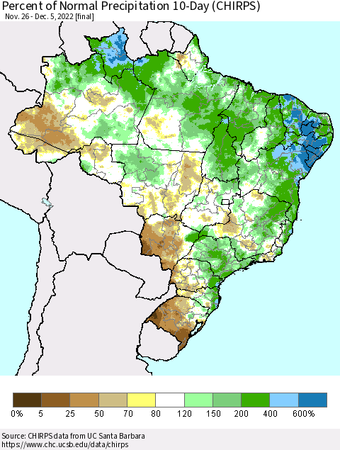 Brazil Percent of Normal Precipitation 10-Day (CHIRPS) Thematic Map For 11/26/2022 - 12/5/2022