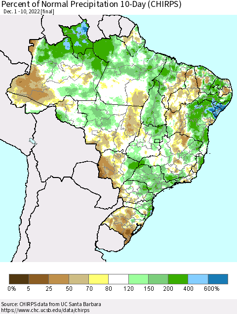 Brazil Percent of Normal Precipitation 10-Day (CHIRPS) Thematic Map For 12/1/2022 - 12/10/2022