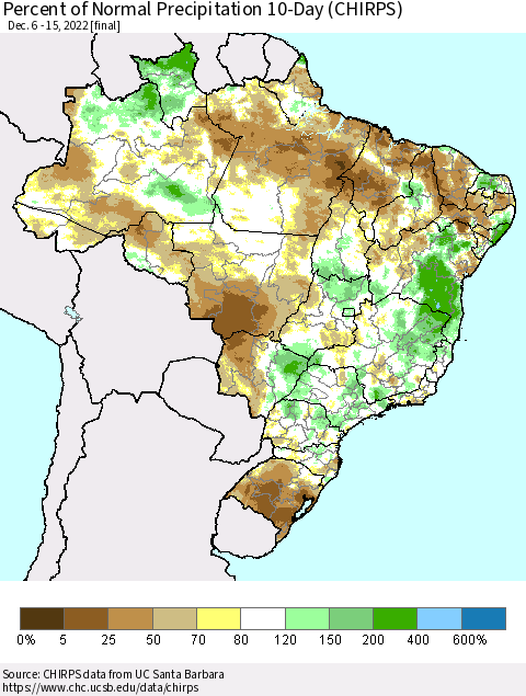 Brazil Percent of Normal Precipitation 10-Day (CHIRPS) Thematic Map For 12/6/2022 - 12/15/2022